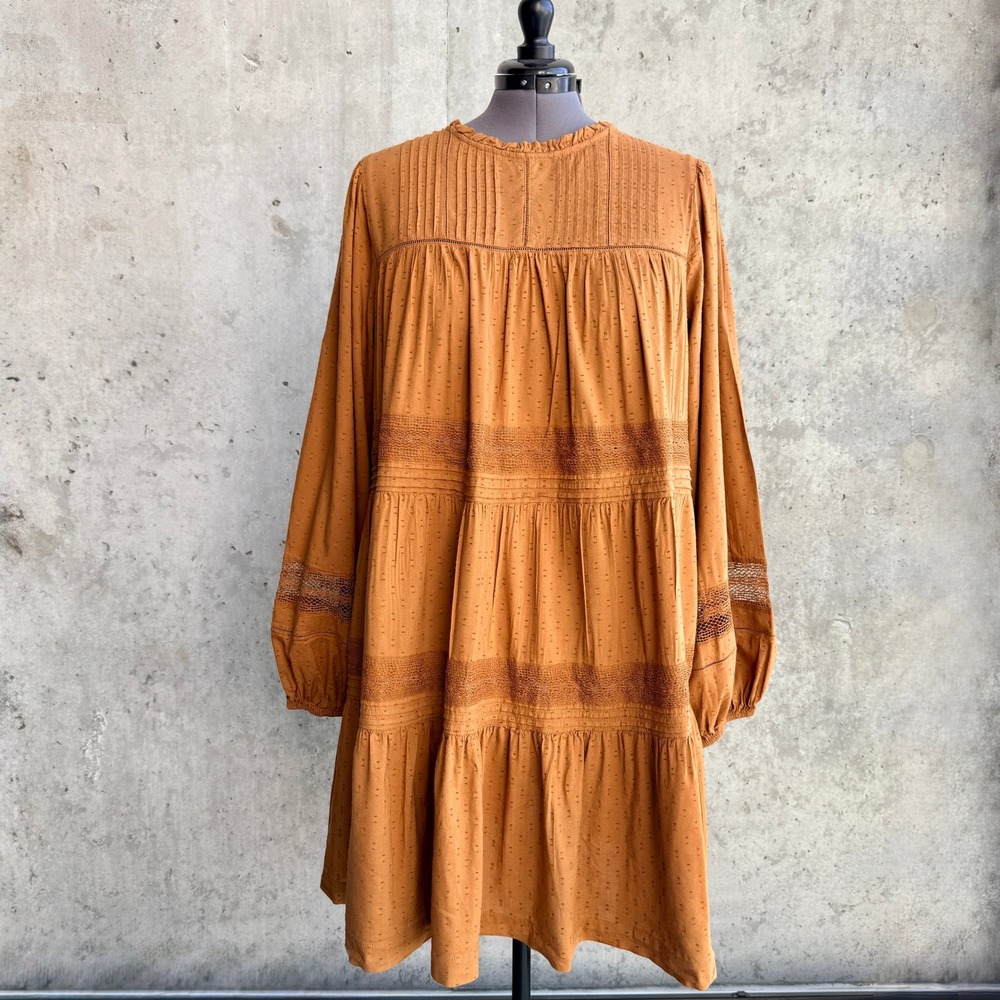 Old Navy Rust Orange Tiered Lace Pintuck Swing Dress Long Sleeve-Size XXL Tall